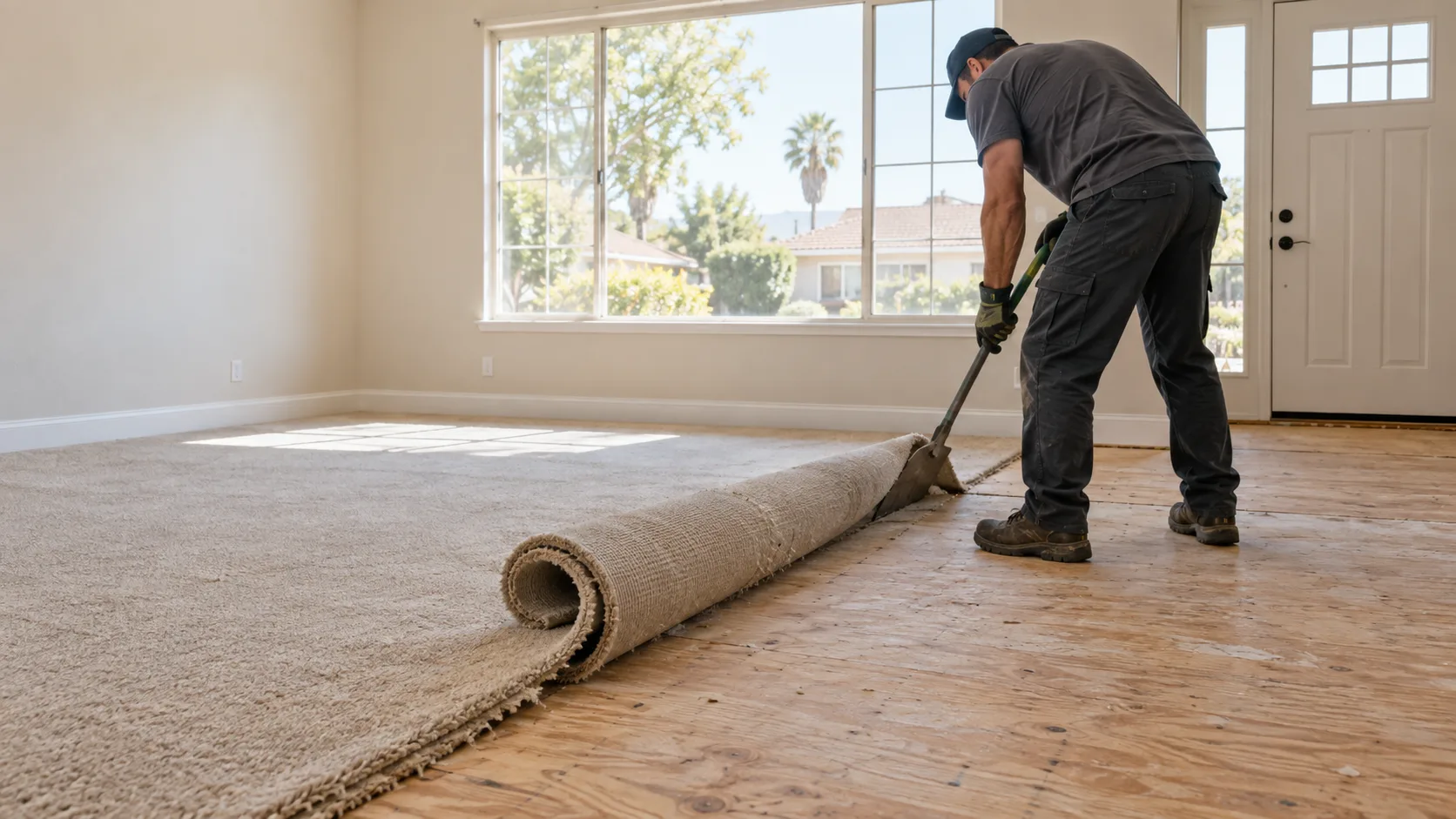 Worker lifting and rolling wall-to-wall carpet in an empty room